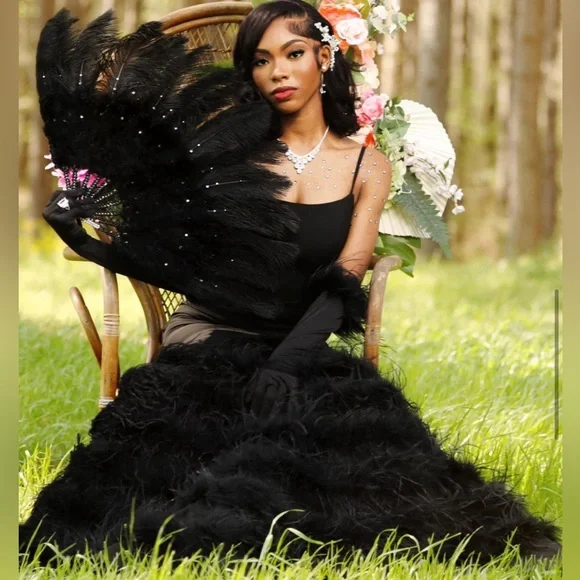 Black dress , small , feathers